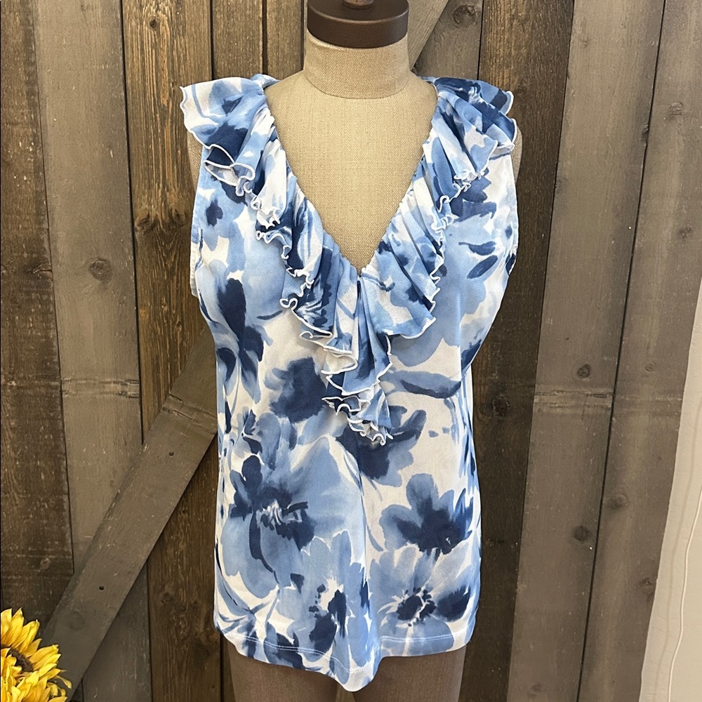 American Living Y2K Blue & White Floral Ruffle Mesh Tank Top